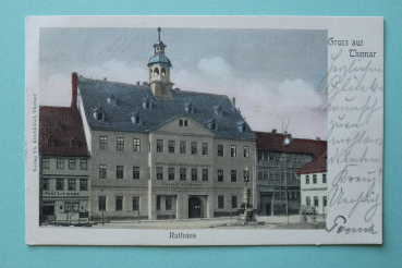 Ansichtskarte AK Gruß aus Themar 1906 Rathaus Gasthof zur Henne Möbelfabrik August Möller Geschäfte Ortsansicht Architektur Thüringen